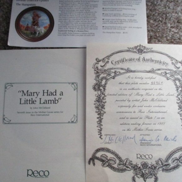 Mary Had Little Lamb Blue Mother Goose 1985 Reco Collectible Plate J McClelland - Picture 3 of 4